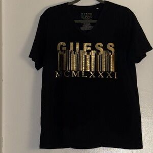 Guess Men's Black Tee with Gold Design